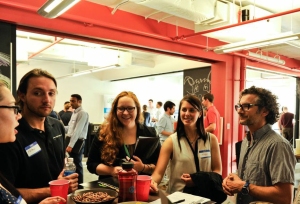 Greg Cangialosi '96 (far right) talks with students about careers in the startup industry at the Betamore Startup Crawl, which he hosted in May.