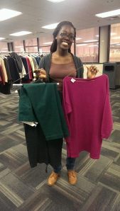UMBC SAA member Sheena was able to mix and match a few items to create a great outfit. (photo via SAA)